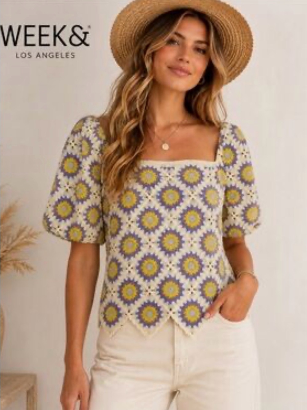 Week & Los Angeles Cream Floral Crochet Puff Sleeve Top